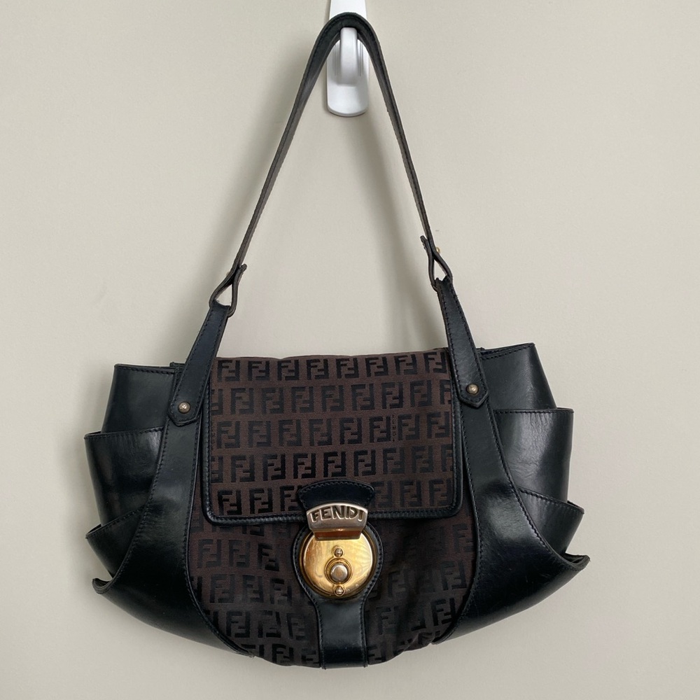 Fendi Zucchino Compilation shoulder bag brown leather canvas fair condition